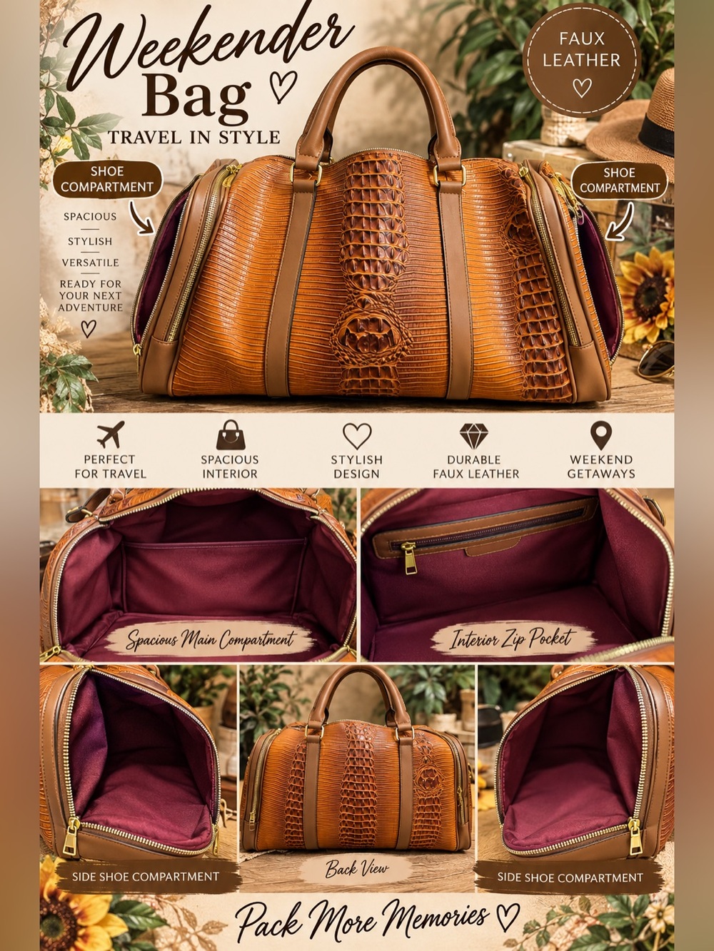 54. Women's Brown Faux Croc Weekender Travel Bag